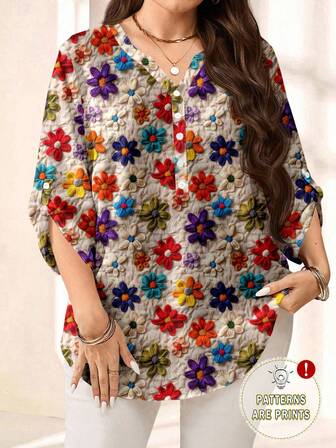 EMERY ROSE ขนาดใหญ่ ผู้หญิง วินเทจ ดอกไม้พิมพ์ คอวี แขนสามส่วน หลวม เสื้อบลาวส์ ลำลอง สำหรับ ฤดูใบไม้ผลิ/ฤดูร้อน