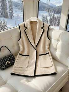 Franclia 大码女式撞色包边翻领口袋针织背心，休闲及办公穿着，秋冬款 - 卡其色 - 查看 3