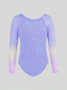 SHEIN 少女运动服渐变网纱长袖体操服，镶钻体操连体衣，四向弹力高弹健身户外运动舞蹈瑜伽体操连体服 - 淡紫色 - 查看 3