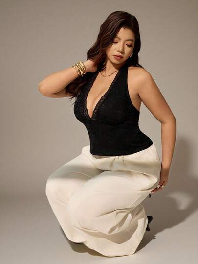 Auralis 深 V 领黑色蕾丝腰修身 Y2K 加大码蕾丝花边吊带背心/派对/约会/外出/日常穿着黑色细肩带吊带背心/办公室女士时尚弹力女式上衣