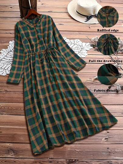 Linhara 大码女式红棕色格子收腰荷叶边领纽扣前襟复古休闲日常连衣裙，秋冬款