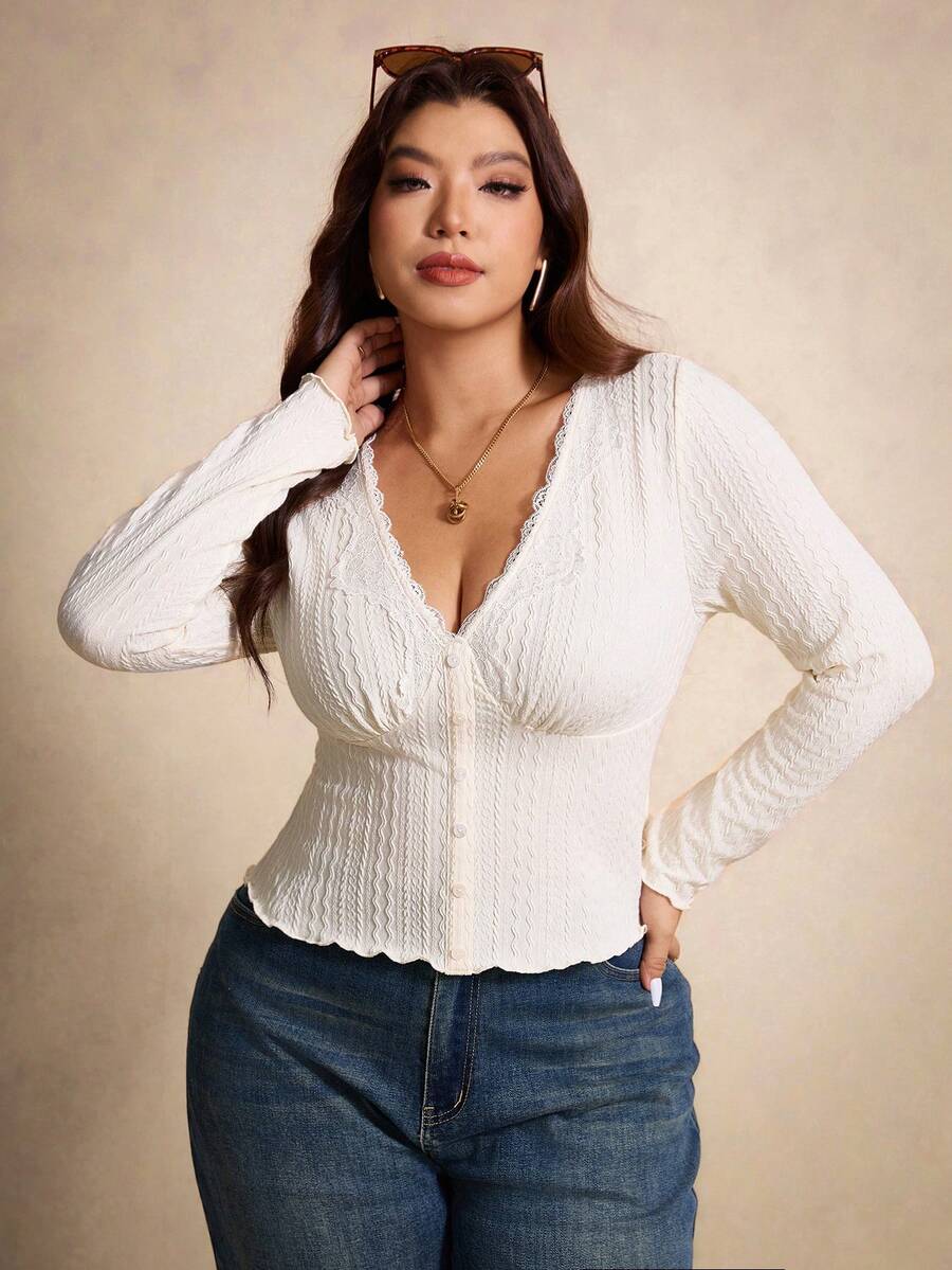 Elaquor 女士休闲纯色长袖修身加大码T恤 - 米色 - 查看 1