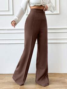 SHEIN Tall Pantalon décontracté ample taille haute de grande taille pour femmes, couleur unie, longueur intégrale - Tabac - Voir 4