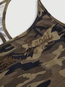 ROMWE J-Fashion Áo ba lỗ hở vai họa tiết camo đính đá gợi cảm phong cách Kpop cổ điển dành cho nữ - Nhiều màu - Xem 3