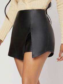 Falda short dama mujer cuerina imitación piel negra brillante mini AMPLIA CINTURA cruzado abertura frontal cintura alta ajuste entallado estilo rock urbano chic moda otoño invierno fiesta antro sexy atrevida - Negro - Ver 4