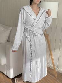 DAZY Women's Minimalist Patchwork Trim Hooded Long Robe, Autumn/Winter - Light Grey - View 7