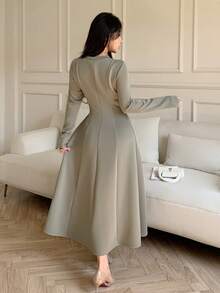 Feyla Đầm midi dài tay cổ tròn vai thường màu trơn dành cho nữ, thắt eo. - xanh quân đội - Xem 6