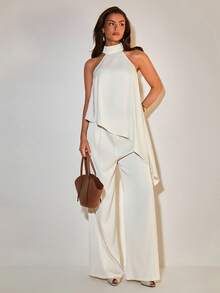 COSMINA Bộ 2 món bằng vải satin cổ yếm thanh lịch dành cho nữ, đa năng cho các buổi tụ họp và mặc hàng ngày, mọi mùa - Màu be - Xem 2