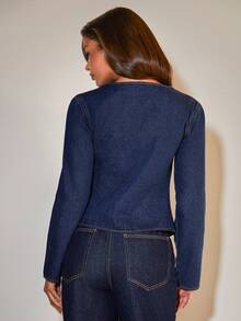 COSMINA Denim Women's Solid Color V-Neck Metal Button Casual Long Sleeve Denim Blouse - Blue - View 2
