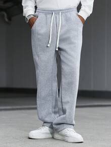 Manfinity Hypemode 男士休闲宽松抽绳腰斜插口袋灰色运动裤，男士健身运动裤，宽裤脚 - 灰色 - 查看 3