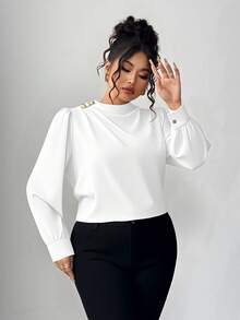 Elenzga Plus Size Elegant Pleated Collar Long Sleeve Shirt - White - View 7