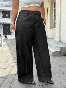 SHEIN ICON 大码女装时尚休闲水洗宽松牛仔裤 - 黑色 - 查看 3