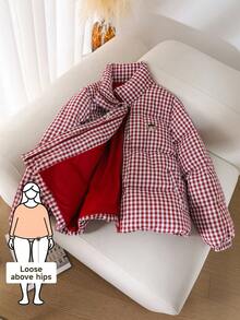 CosyJoli Plus Size Casual Red Plaid Bear Slogan Embroidered Stand Collar Padded Coat Checkered Puffer Jacket Gingham Puffer Coat Red Plaid Jacket Red Gingham Jacket Red Puffer Jacket Winter Jacket Red Checkered Jacket Plaid Puffer Jacket