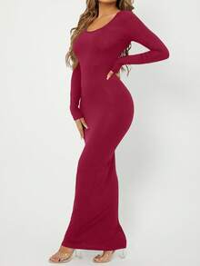 SHEIN PETITE CURVE 小码加大码纯色圆领紧身连衣裙 - 紅色 - 查看 4