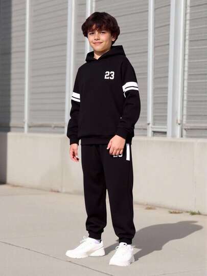 Vacaura 2pcs/Set Tween BoyMinimalist Graphic Print Hoodie Sweatshirt & Knit Cuff Pants, Contrast Stripe Sleeve Design, Comfortable Fabric, Versatile Colors, Suitable For School And Casual Wear, Autumn/Winter