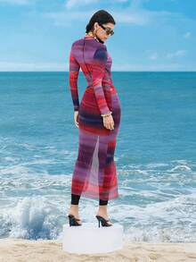 Swim Shayni 3pcs Women's Sunset Random Print Long Sleeve Jumpsuit, Black Pants And Maxi Skirt Middle East Burkini Set - Multicolor - View 2