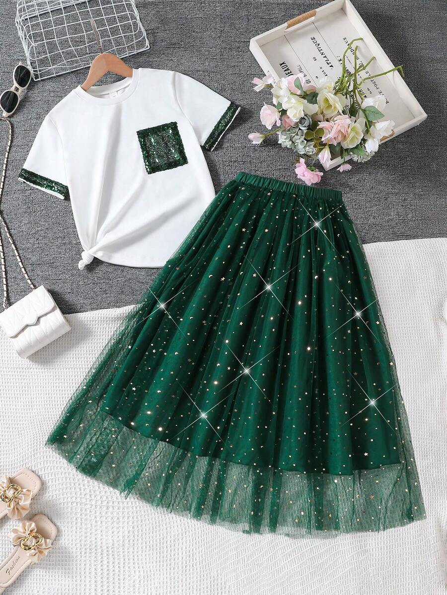 Conjunto de 2 peças para meninas pré-adolescentes: camiseta casual de manga curta com gola redonda e detalhes em miçangas, e saia elegante de tule com lantejoulas, ideal para primavera/verão. - Verde escuro - Ver 1