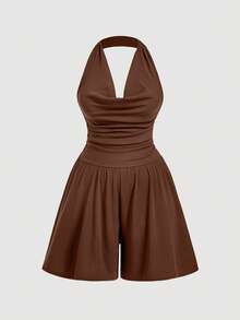 SHEIN MOD 大码垂坠领口宽腰褶饰阔腿连体衣，摩卡棕色，秋冬 - 棕色 - 查看 6