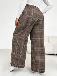 Shapeblank Quần ống rộng cạp chun ấm áp thời trang thu đông cho nữ cỡ lớn, rộng rãi thoải mái hàng ngày, họa tiết kẻ caro nâu cổ điển, quần ống rộng cho nữ, quần làm việc, quần áo mùa đông cho nữ - màu nâu - Xem 2