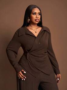 Veslaya 2025 Autumn/Winter Plus Size Women's Dress, Elegant Lace Patchwork Deep V-Neck Ruched Waist Semi-Sheer Blouse, Suitable For Country Music Concert, Wedding Guest, Date Night, Formal Party - Red Violet - View 5