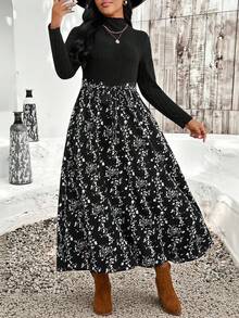 EMERY ROSE Plus Size Elegant Commuter Floral Print Patchwork Dress - Black - View 1