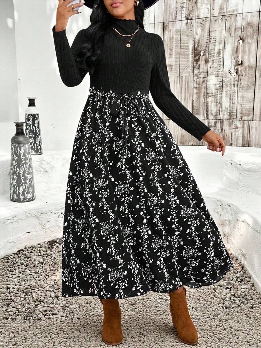 EMERY ROSE Plus Size Elegant Commuter Floral Print Patchwork Dress - Black - View 1