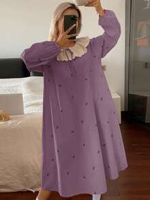 DAZY 碎花荷叶边领灯笼袖宽松长款女士睡裙 - 淺灰紫 - 查看 5