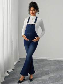 SHEIN Maternity Ombre Color Fitted Pocket Flare Leg Denim Overalls - Dark Wash - View 8