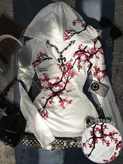Glimmora Camiseta estampada de mujer estilo Y2K, camiseta con estampado de flores de ciruelo, adecuada para otoño e invierno, de moda, camiseta estampada, camiseta de moda, regalo para hermanos, regalo para hermanas, camiseta linda, camiseta retro de los años 2000, casual y sencilla, camiseta de moda con capucha y cuello en V