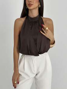 Aloruh Coffee Color Minimalist Criss-Cross Backless Crop Top For Office/Casual Wear - Coffee Brown - View 7