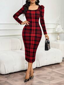 SHEIN Lady 女士格子印花圆领修身优雅长袖中长连衣裙 - 彩色 - 查看 7