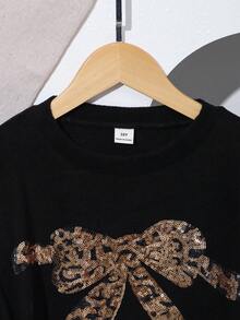 SHEIN 2 件套女童串珠刺绣蝴蝶结针织上衣和仿皮裙，适合旅行、派对或日常穿着，秋冬 - 黑色 - 查看 3