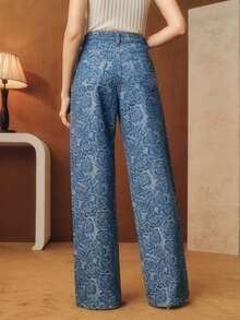 Anewsta Tulum Heavy Jacquard Fabric Women's Blue Straight Leg Jeans - Blue - View 2