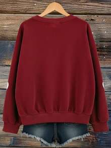 EMERY ROSE Love Letter Print Casual Crew Neck Fleece Long Sleeve Sweatshirt, Suitable As A Gift For Friends, Autumn/Winter - Burgundy - View 2