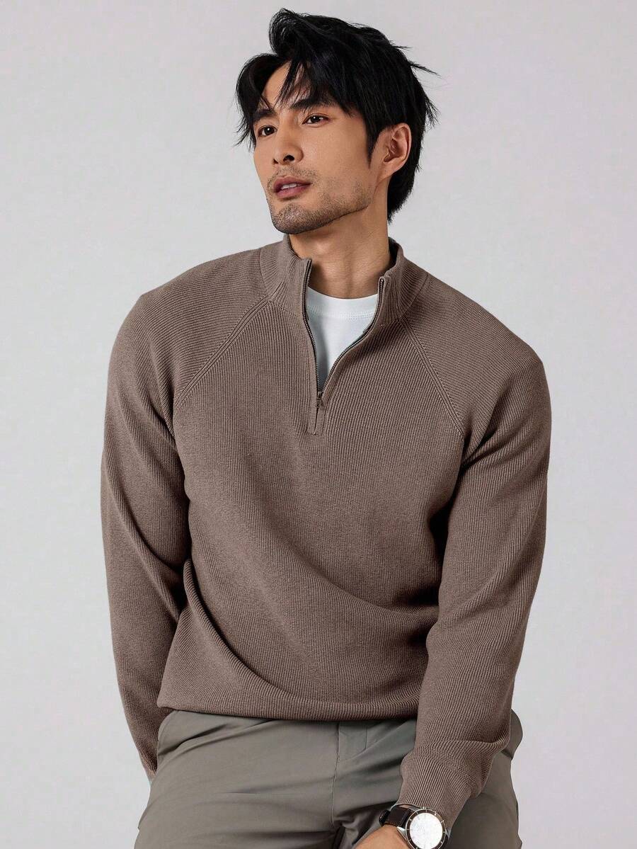 Manfinity Homme 加大码男士纯色插肩袖长袖拉链休闲毛衣，秋冬款 - 咖啡棕 - 查看 1