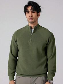 Manfinity Homme 男士加大码休闲纯色半拉链毛衣，秋冬季 - 軍綠色 - 查看 3