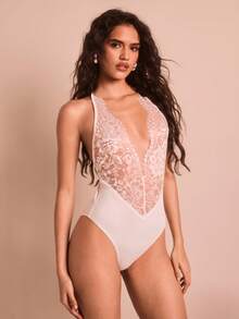 Glamine Sexy Lace Trim Backless Deep V-Neck Bodysuit For Women.Women's Backless Sexy Bodysuit.Fashion Single Item Corset Top Sexy Vest, Versatile For Going Out,Business,Date Night, Themed Party, And Concert Outfits,New Years Eve Outfit,Christmas Party Women Bodysuit Elegant White Valentine's Day Bodysuit For Women Women's Daily Minimalist Bodysuit Cream Bodysuit Lace Swimsuit Lace Bodysuit Backless Bodysuit - White - View 5