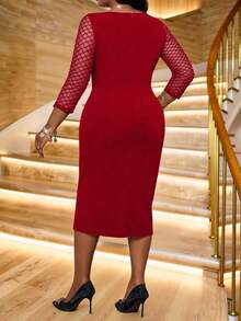 Fleurora 秋冬圣诞派对礼服优雅复古工作婚礼酒会深红色针织圆领铅笔荷叶边新品紧身连衣裙大码连衣裙伴娘服 - 紅色 - 查看 2