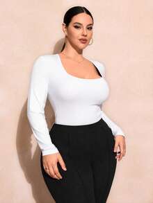 SHEIN Tall CURVE 大码纯色圆领长袖休闲紧身衣 - 白色 - 查看 4