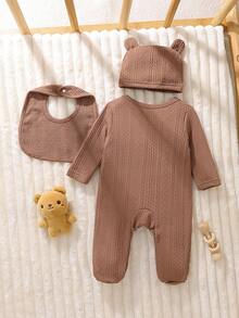 新生儿长袖连体衣、围兜和帽子三件套，针织提花面料，饰有可爱小熊刺绣 - 巧克力棕 - 查看 2