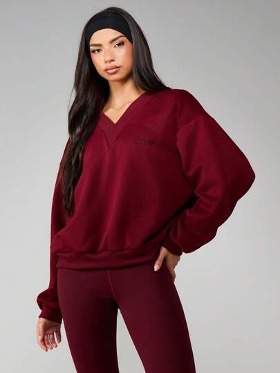MISSGUIDED Sudadera holgada de cuello en V con logotipo en relieve, de felpa, de manga larga, informal, para otoño e invierno, cómoda