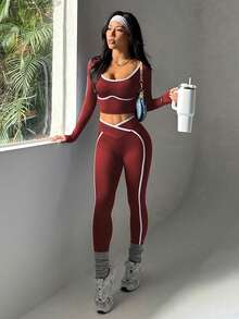 SHEIN Sports 无缝高弹瑜伽健身女式运动交叉腰带撞色套装 - 酒紅色 - 查看 2