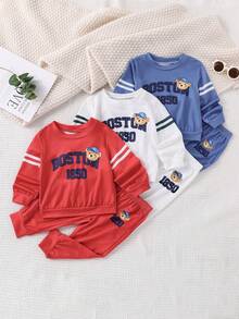 SHEIN Baby Boy Casual Letter & Bear Print Sweatshirt And Sweatpants Set, Autumn - Multicolor - View 1