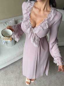 DAZY Lace Ruffle Collar Long Wrap Women Sleepwear Robe - Pink - View 1