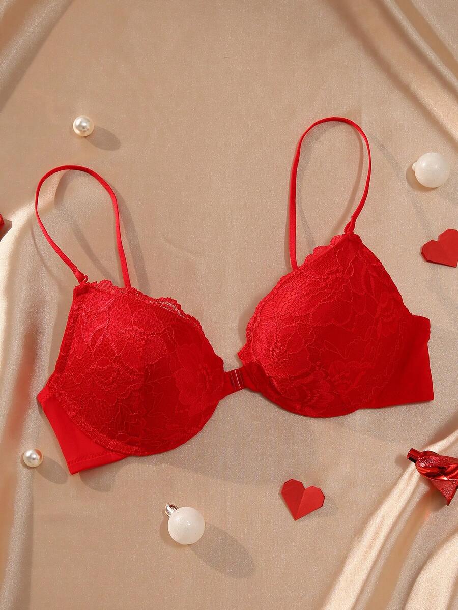 DesireSculpt 1pc Sexy Lace Backless Front Closure Bra, Lift And Support For Small Bust, Summer - Red - View 1