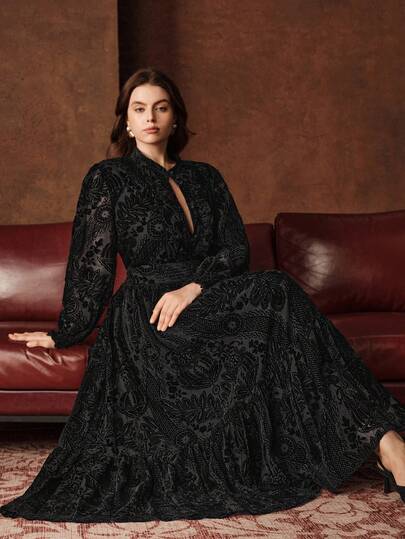 Anewsta Set de blusa de manga farol de terciopelo quemado y falda elegante y de moda para mujer, adecuado para el Día de San Valentín, vacaciones de verano, Año Nuevo, primavera