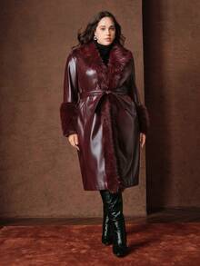 Anewsta معطف طويل بأسلوب جديد مع ياقة فرو قابلة للإزالة، من الجلد الصناعي اللامع باللون البرغندي مع حزام، مناسب للمقاسات الكبيرة في فصلي الخريف والشتاء - مشاهدة 4