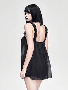 ROMWE Kawaii 可爱粉色雪纺透视性感娃娃套装，甜美校园风 - 黑色 - 查看 3