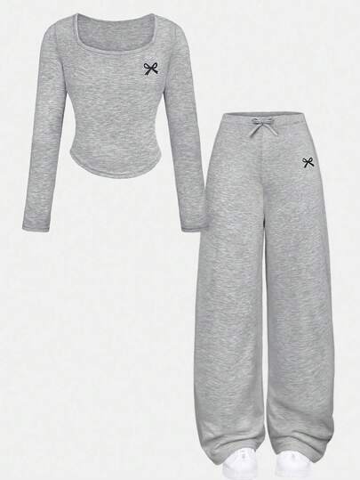 SHEIN 少女休闲日常修身U领长袖蓝白条纹蝴蝶结装饰针织T恤上衣和配套直筒阔腿裤两件套弹力针织条纹套装，舒适运动服套装