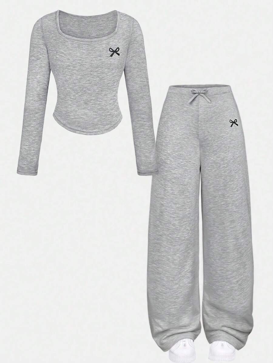 SHEIN 少女休闲日常修身U领长袖蓝白条纹蝴蝶结装饰针织T恤上衣和配套直筒阔腿裤两件套弹力针织条纹套装，舒适运动服套装 - 灰色 - 查看 1